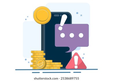 beware of fraudulent messages concept. danger and alertness. fraud alert. fraudulent mode to steal money and personal data. device with coin, warning sign, chat symbol. flat vector illustration.