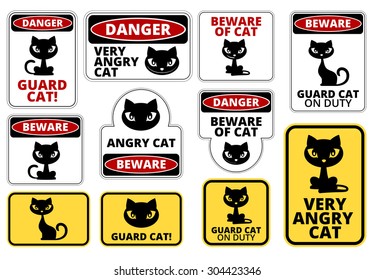 Beware Guard Cat Signs Humorous Comic Labels and Plates Collection. Vector EPS8 set