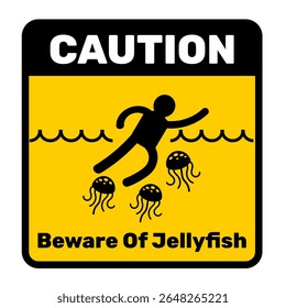 Beware of Jellyfish vector with human silhouette yellow background. Jellyfish sign symbol regulation. Sea animals caution sign printable symbol illustration