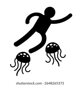 Beware of Jellyfish vector with human silhouette. Jellyfish sign symbol regulation. Sea animals caution sign printable symbol illustration