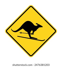 BEWARE OF KANGAROO SKIING sign. Humorous funny sign. Isolated graphic on yellow background. Scalable EPS 10 vector graphic ideal for poster, postcard, print apparels.