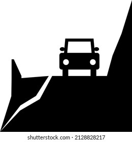 Beware of landslide natural disaster with car on travel street road warning sign black icon flat vector design.