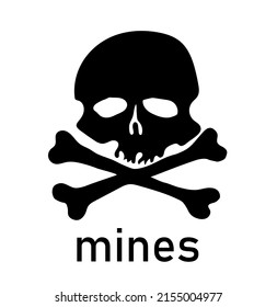 Vorsicht vor Minen! Warnung vor der Gefahr von Minengebieten. Einzigartige Vektorgrafik. Kriegsrecht oder geheime Einrichtung. Schäle mit Knochen. Tote Gefahr.