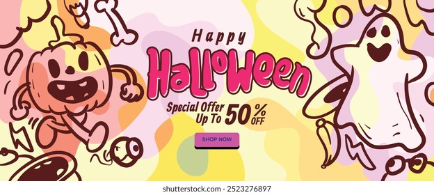 Cuidado com o Monster Lurking Halloween conceito. forma líquida geométrica abstrata. monstro halloween com desenho à mão banner modelo vetor ilustração.