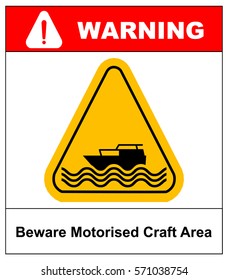 Beware of motorised craft area. Warning sign in yellow triangle isolated on white. Vector stock illustration.