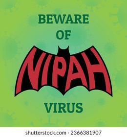 Beware of Nipah virus, warning background, epidemic alert banner, dangerous health situation, fight infection, stop spreading, abstract backdrop with virus cell and bat sign