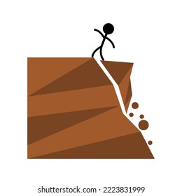 Beware people falling off cliff edge landslide rockfall mountain hill natural disaster warning sign in tourist attraction icon flat vector design.