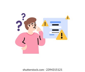 Beware of phishing websites. A user is confused when he wants to log in. forgot password or incorrect password. The login page is dangerous or suspicious. commemoration. flat illustration concept