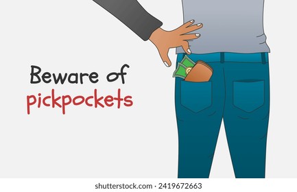 Beware of pickpockets concept. Human hand takes wallet or money cash from pocket. Vector illustration.