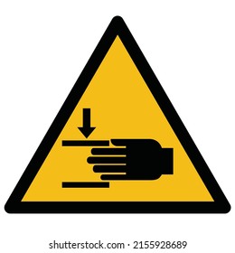 Beware of pinching hands.Crushing of hands signs. Vector illustration of yellow, red triangle warning sign with hand crush force from above icon inside. Safety symbol isolated on white background. Ris