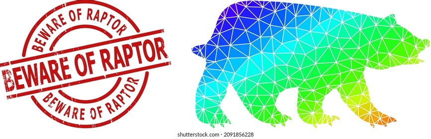 BEWARE OF RAPTOR rubber badge, and lowpoly rainbow colored bear icon with gradient. Red stamp contains Beware of Raptor title inside round and lines template.
