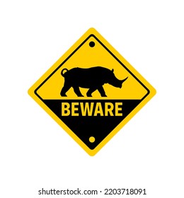 Beware of Rhino Sign or Rhino Danger Sign Plate Isolated on White Background. Rhino danger sign. Isolated rhino on white background.