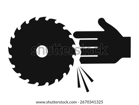 Beware of rotating saw blade, workplace accident sign isolated on white background. Watch your fingers and do not touch saw blade,  vector safety signage.