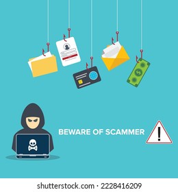 Cuidado con el estafador. Hacker con computadora portátil robando datos confidenciales, información personal y detalles de tarjeta de crédito. Concepto de hackeo.