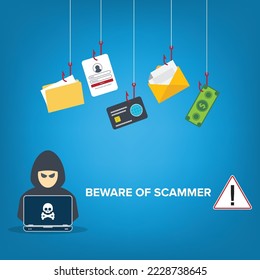 Beware of scammer. Hacker with laptop computer stealing confidential data, personal information and credit card detail. Hacking concept.