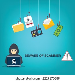 Beware of scammer. Hacker with laptop computer stealing confidential data, personal information and credit card detail. Hacking concept.