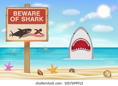 Beware Of Shark Sign On Sea Sand Beach