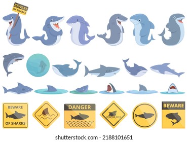 Beware the sharks icons set cartoon vector. Animal angry. Shark surf