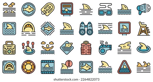 Beware the sharks icons set outline vector. Angry animal. Surf caution color flat on white