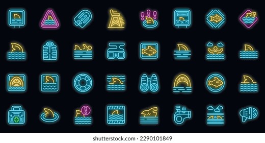 Beware the sharks icons set outline vector. Angry animal. Surf caution neon color on black