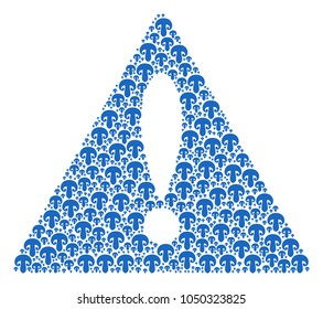 Beware Sign mosaic done of champignon mushroom elements. Vector champignon mushroom icons are composed into geometric notice triangle sign composition.