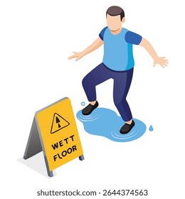 Beware of the slippery area man walking on a puddle next to a caution sign in a workplace area