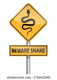 beware snake sign on pole, caution, vector illustration