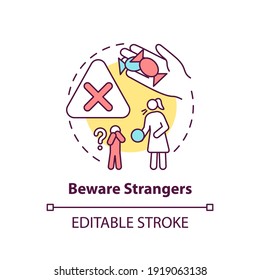 Beware strangers concept icon. Dangerous unknown person. Teach kid cautious behavior. Child safety idea thin line illustration. Vector isolated outline RGB color drawing. Editable stroke