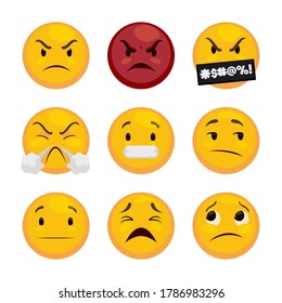 
Beware with this set of emojis with bad feelings and bad temper: angry, furious, cursing and swearing, anger with steam clouds, grimacing, disinterested, serious, weary and face with rolling eyes.