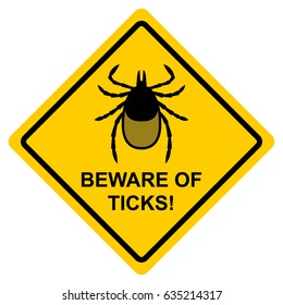 Beware of ticks. Yellow warning sign. Vector illustration. Warning of the infection risk from a tick bite. Black mite isolated on yellow. 