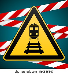 Beware of the train! Warning sign and warning bands. Vector illustration.