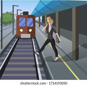 Cuidado con los trenes, no cruces la línea. La mujer habla por teléfono y no ve el tren