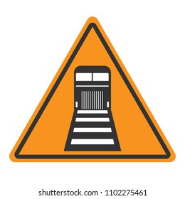 BEWARE OF TRAINS. Yellow and black triangle sign. Vector.