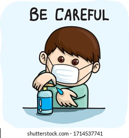 Beware of virus by use Alcohol gel clean hand sign cartoon vector