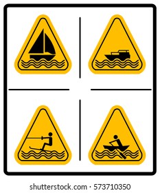 Beware water skiing, sailing, rowing, motorised craft area signs set. Warning signs in yellow triangle isolated on white. Vector illustration. Summer Water Sport Pictograms Flat icons.