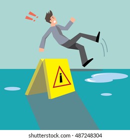 Beware your step concept; man slipping on wet floor-vector cartoon