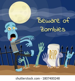 Beware of zombie. Vector undead monster hand reaching from ground and zombie character on graveyard background illustration. Comic apocalypse fiction poster. Humor mystery midnight fear