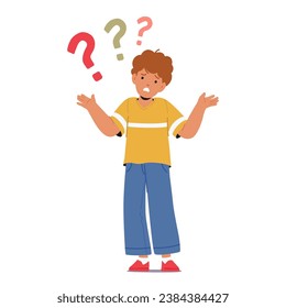 Bewildered Boy Stands With Question Marks Hovering Above His Head, Lost In A Sea Of Uncertainty. Little Curious Kid Character Seeking Answers In A World Of Unknowns. Cartoon People Vector Illustration