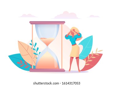 bewildered business lady hold on to her head in horror. Sand is pouring of hourglass. Metaphor of time management. concept of multitasking, performance, deadline. Vector flat illustratio