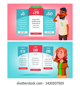 Bewildered Character Choose Subscription Vector. Sad Young Man And Woman Standing Near Bright Pricing Panels And Select Subscription. Different Types Of Payment Flat Cartoon Illustration