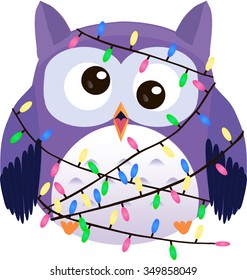 Bewildered cute vector purple owl tangled in christmas garland.