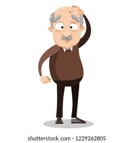 Bewildered elderly man standing and holding his head. Upset grey haired grandpa with headache cartoon animated personage. Perplexed retired man vector illustration isolated on white background.