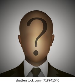 bewildered employee idea, unknown information for worker, faceless man with question on the head, vector,
