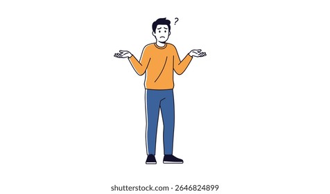 A bewildered man shrugging his shoulders with a question mark above his head showing confusion and uncertainty about a situation