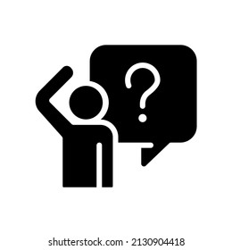Bewildered person black glyph icon. Man having question. Searching information source. Solving task. Silhouette symbol on white space. Solid pictogram. Vector isolated illustration