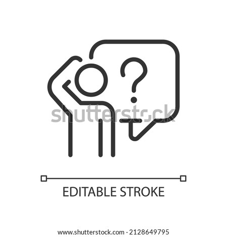 Bewildered person linear icon. Looking for answer on question. Searching information source. Thin line illustration. Contour symbol. Vector outline drawing. Editable stroke. Arial font used