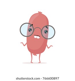 Bewildered sausage in glasses. Cartoon frankfurter character with two big teeth. Meat food product. Flat vector illustration