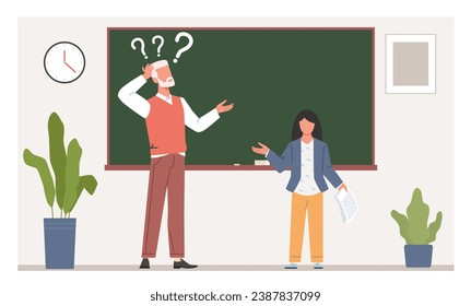 Una desconcertada profesora se para en la pizarra. Confundido hombre con signo de interrogación. Discusión de adultos y alumnos. Enseñando a un niño genial. Dibujo plano de caricatura. Concepto de educación y conocimiento de vectores