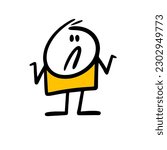 Bewildered, upset stickman throws up his hands in confusion, not knowing the answer to the question. Vector illustration of a funny cartoon character isolated on white background.