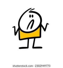 Bewildered, upset stickman throws up his hands in confusion, not knowing the answer to the question. Vector illustration of a funny cartoon character isolated on white background.